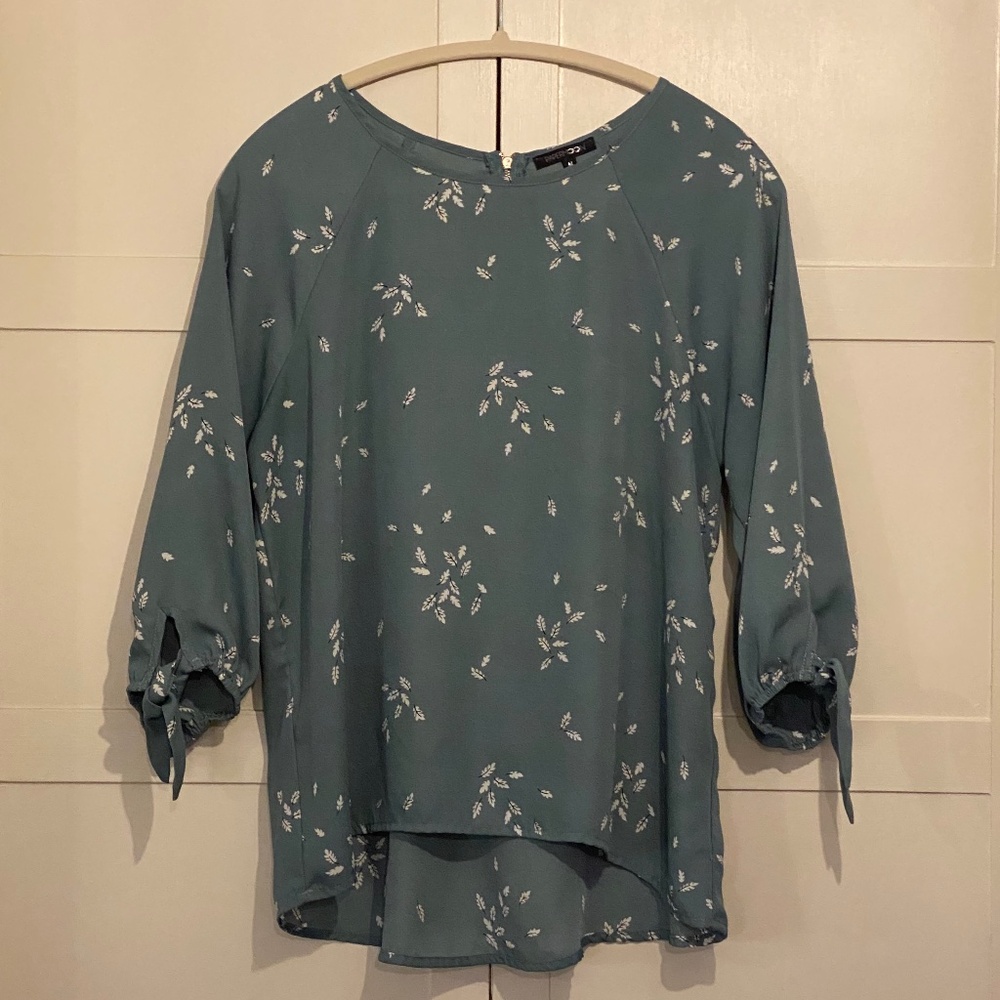 Papermoon Leaf Print Blouse with Tie Sleeves and Back Zipper